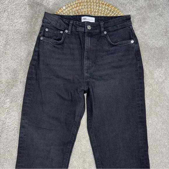 Zara Split Hem Slim Jeans Black High-Rise Full Length Straight Leg Size 6 - Picture 5 of 16